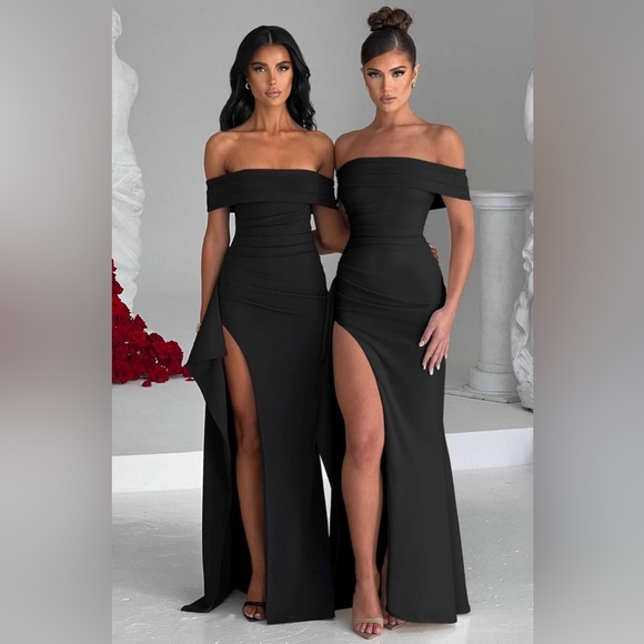 Women's Off Shoulder Sleeveless High Split Ruched Long Formal Evening Dress - Picture 3 of 3